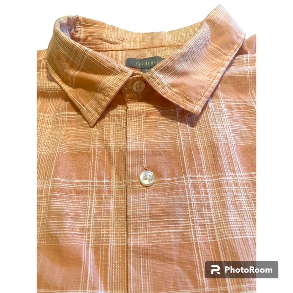 Van Heusen Men's shortβ sleeve Peach/ White Plaid button down shirt XXL 18-18.5